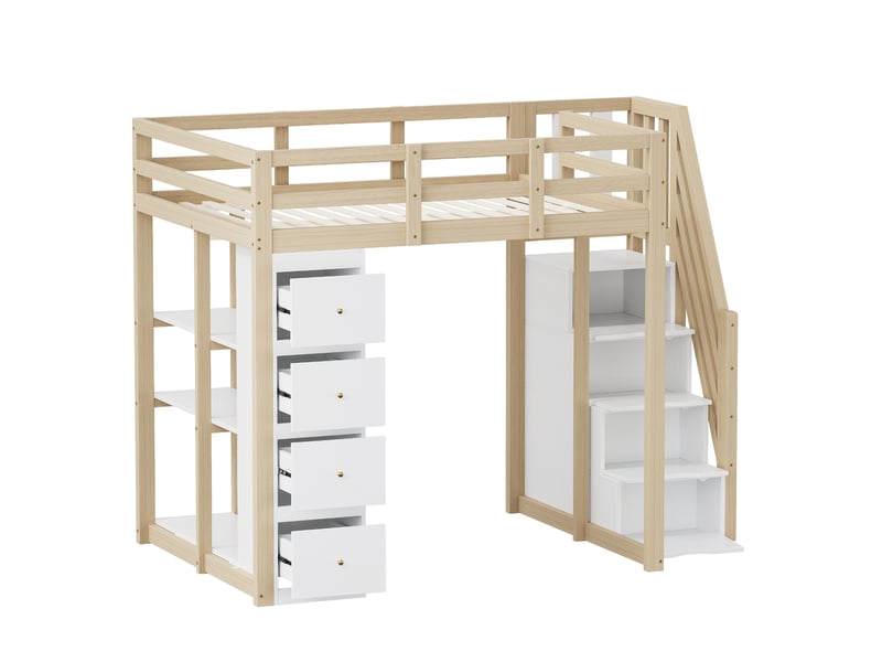 Lit mezzanine 140x200cm, li enfant avec 4 tiroirs, étagères, escalier, espace de rangement et sommier, pin+mdf, blanc+bois, sans matelas  - Conforama E