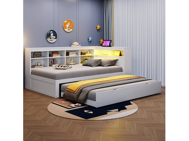 Lit banquette 90x200 cm – blanc – lit gigogne, rangements, usb et éclairage led intégrés - sans matelas - Conforama B