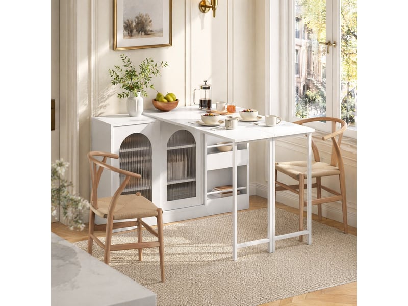  Table de bar extensible pivotante 360° avec rangement - lpospi - portes vitrées rainurées, mdf blanc  - Conforama B