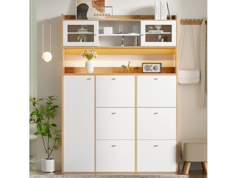  Armoire à chaussures ulevr à 6 abattants, éclairage led réglable par application, 130 x 25 x 180 cm, verre, blanc et naturel  - Conforama E