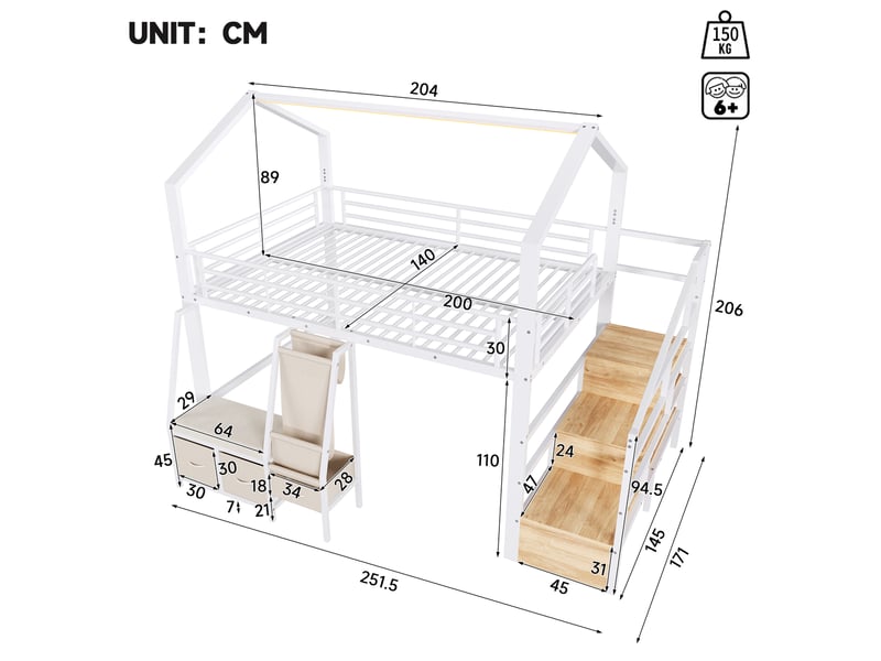  Lit mezzanine 140x200 cm en métal avec rangements en tissu, tiroirs, placards intégrés à l’échelle et éclairage led, avec tiroirs de rangement - blanc  - Conforama C