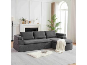 Canapé d'angle 3 places avec méridienne en tissu chenille anthracite, accoudoirs en gradins et coussins épais pour salon moderne