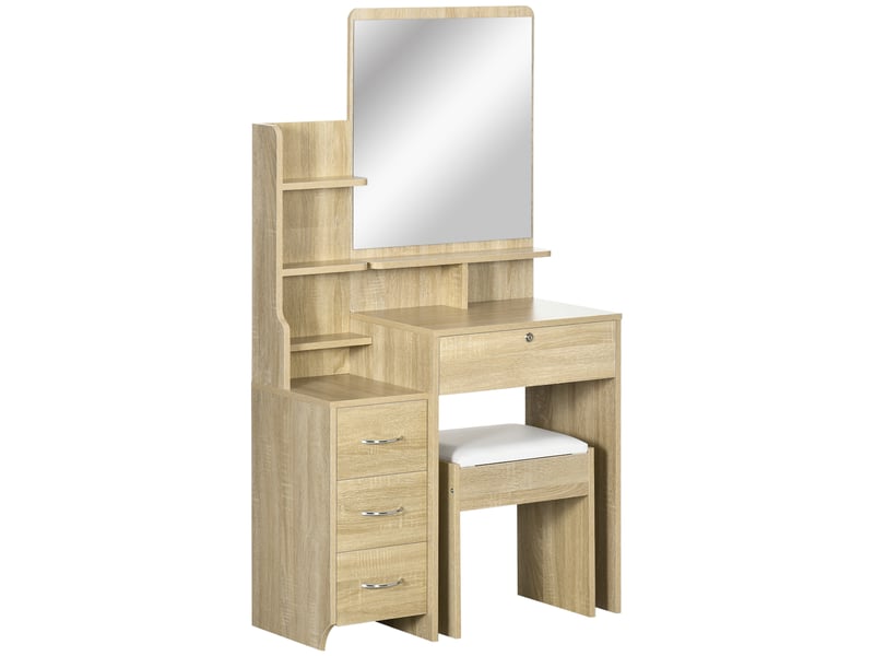  Ensemble de coiffeuse table de maquillage avec tabouret rembourré grand miroir + plusieurs étagères ouvertes + 4 tiroirs bois naturel  - Conforama B