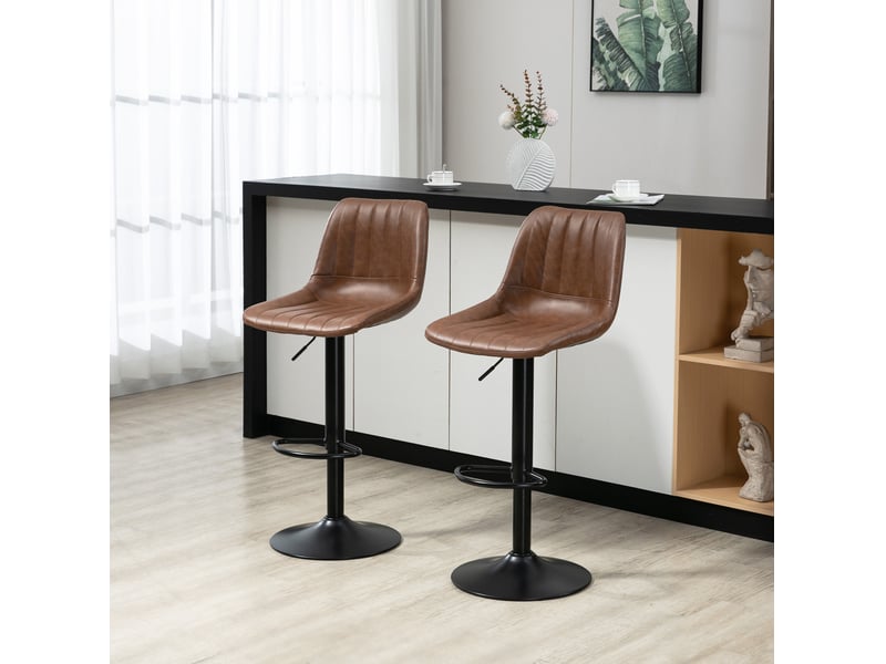  Tabouret de bar pivotant réglable en lot de 2 avec dossier et repose-pieds, en cuir synthétique marron  - Conforama B