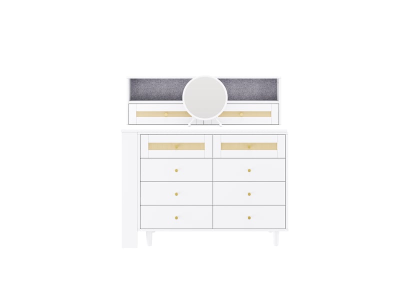  Coiffeuse avec miroir 105x50x108 cm, table de maquillage d'angle et meuble de rangement, rotin tressé, avec 10 tiroirs et plateau en verre, blanc  - Conforama D