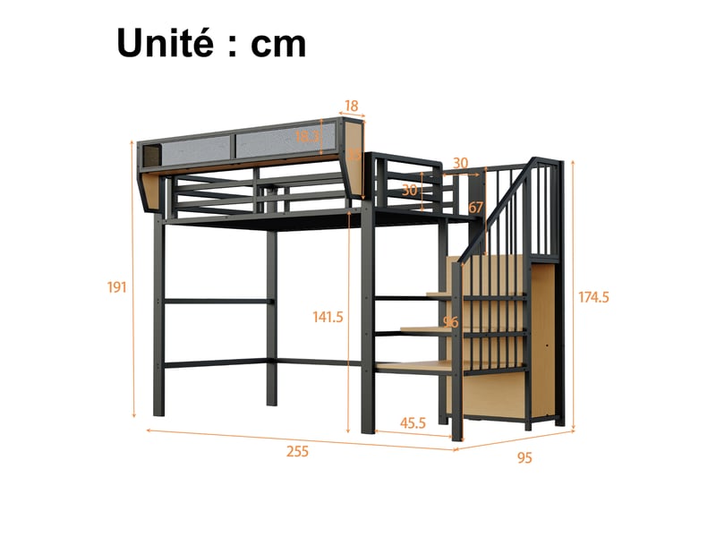  Lit mezzanine en métal noir, lit simple avec échelle de sécurité et étagère amovible, 200x90 cm, sans matelas  - Conforama D