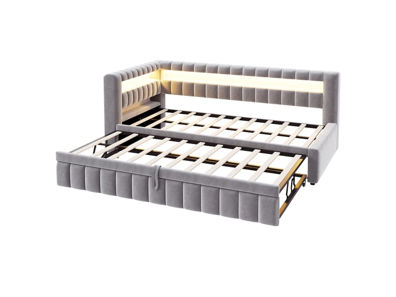  Lit extensible 90 × 200 cm led, usb et usb-c en velours - gris clair C-CRAFTLINK - Conforama A