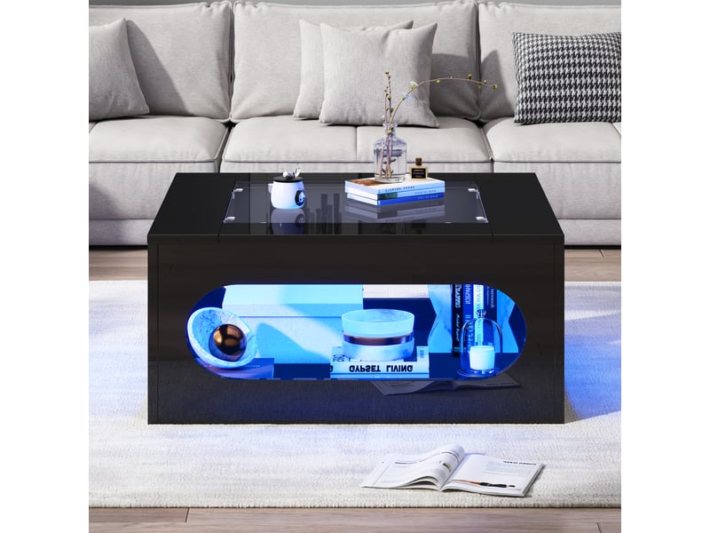  Table basse carrée 70x70x35 cm, table de salon led avec plateau en verre trempé, design creux, noir  - Conforama R