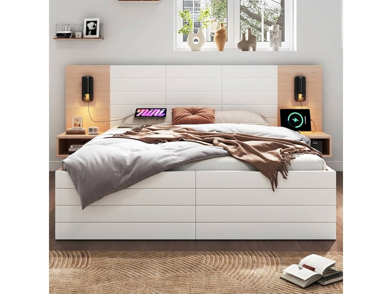 Lit double 160x200 avec 2 tiroirs et tables de chevet, tête de lit avec liseuse et port usb, blanc et chêne  - Conforama C
