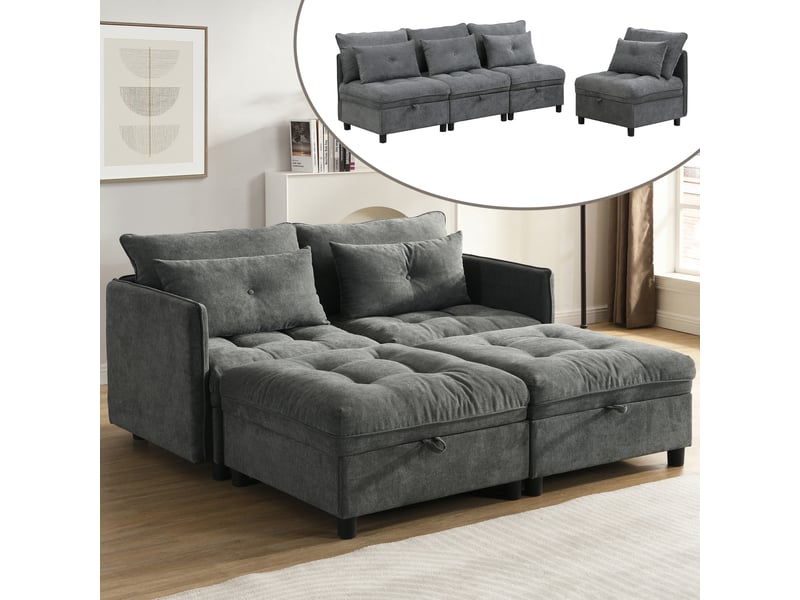  Canapé modulaire 4 places convertible avec coffres et 8 coussins, en chenille gris antique, 274 × 76 × 87 cm  - Conforama C