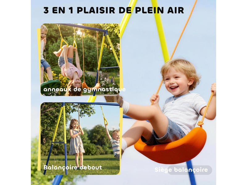  Portique balancoire exterieur enfants 3-en-1, siège de balancelle, 2 anneaux gymnastique et balançoire à disque  - Conforama D