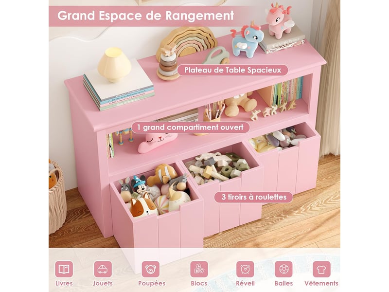  Meuble rangement jouet bibliothèque pour enfants étagère armoire de rangement avec 3 tiroirs roulants rose 102x33x61.5cm  - Conforama D