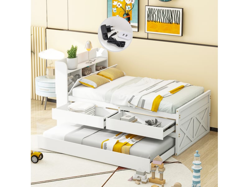 Lit gigogne 90x190 cm avec tiroirs de rangement, port usb, bois, blanc sans matelas  - Conforama D