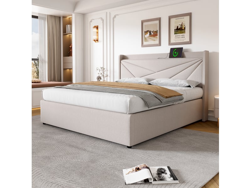  Modenvie lit coffre 180x200 cm - avec rangement intégré, ports usb et usb-c - sans matelas - beige  - Conforama D