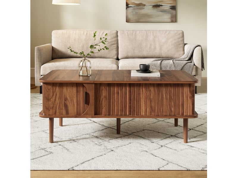Table basse relevable avec porte coulissante et niche de rangement, finition noyer, pour salon, 100 × 48 × 55,5 cm - Conforama C