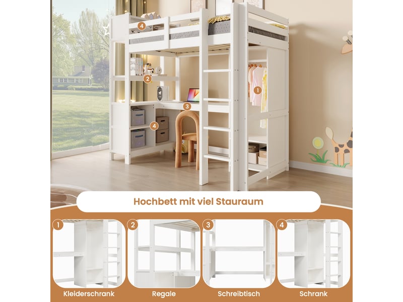  Lit mezzanine 90x200 multifonction, lit avec bureau et armoire intégrés, lit enfant blanc en bois, charge 120 kg, gain de place.  - Conforama W