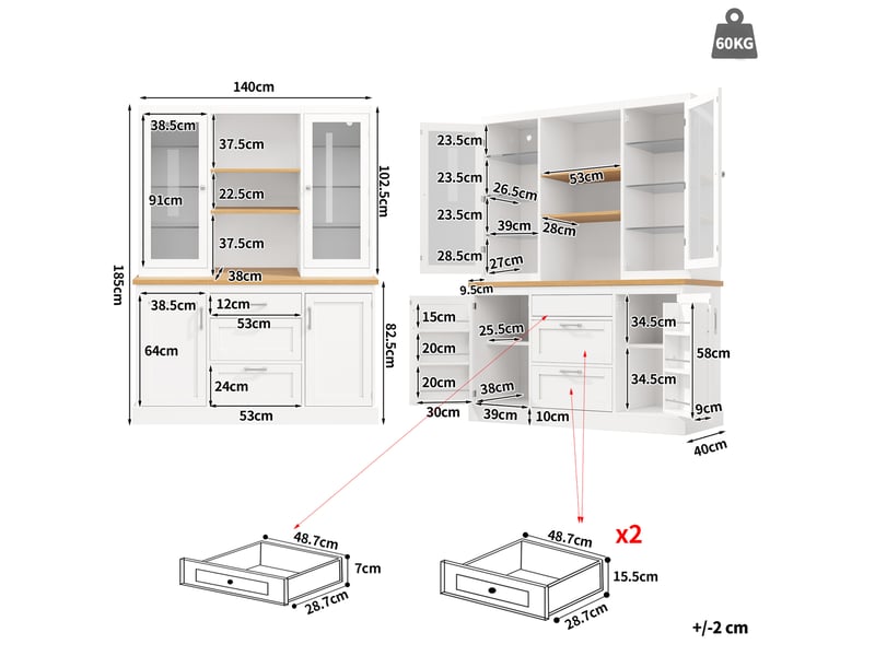  Buffet de cuisine 140x40x185 cm, led rgb pilotage app, 3 tiroirs, portes vitrées, étagères réglables, mdf métal, blanc  - Conforama C