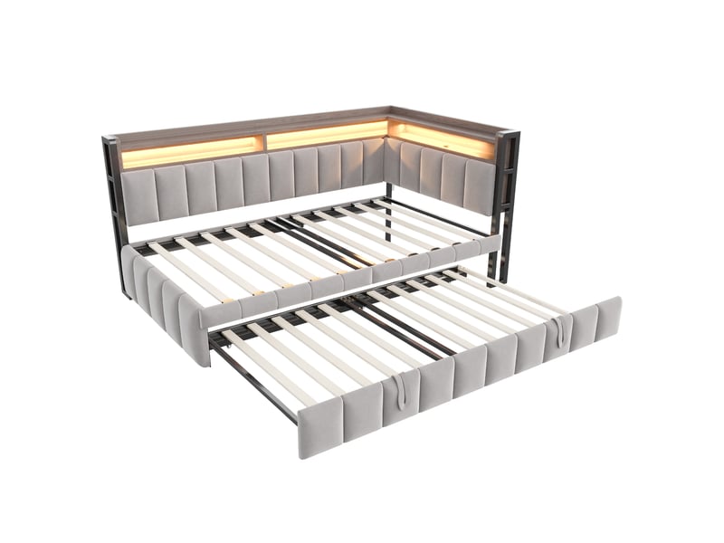  Canapé-lit 90 x 200 cm – avec lit gigogne – avec éclairage led – avec ports usb et type-c – gris clair (matelas non inclus)  - Conforama R