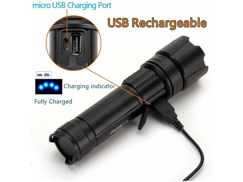  H38 lampe de poche led tactique ultra puissante élevés super lumineuse zoomable rechargeable étanche 5 mode avec puissance de sortie, batterie lithium  - Conforama E