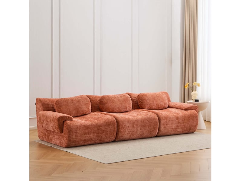  Canapé droit 3 places modenvie design ondulé en chenille orange 288 x 101 x 69 cm  - Conforama B