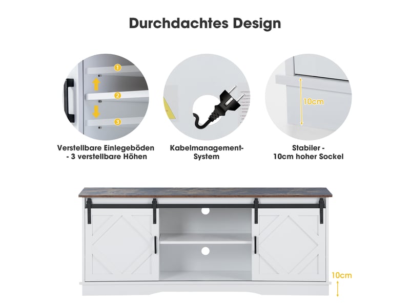  Meuble tv banc tv - support télé jusqu'à 65 pouces 2 portes coulissantes étagères ouvertes moderne salon - 150cm - blanc  - Conforama B