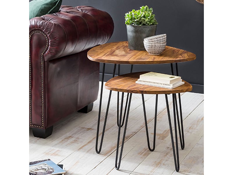 Lot de 2 tables d'appoint 60 et 43 cm en sheesham et métal  - Conforama B