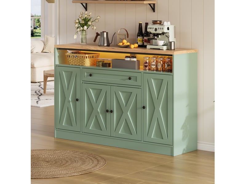  Buffet 4 portes avec rangement et éclairage led 140 cm vert evryae  - Conforama B