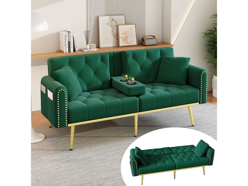 Canapé convertible, canapé-lit, en tissu, vert, porte-gobelets, pour salon, adapté à l'espace de vie, chambre - Conforama C
