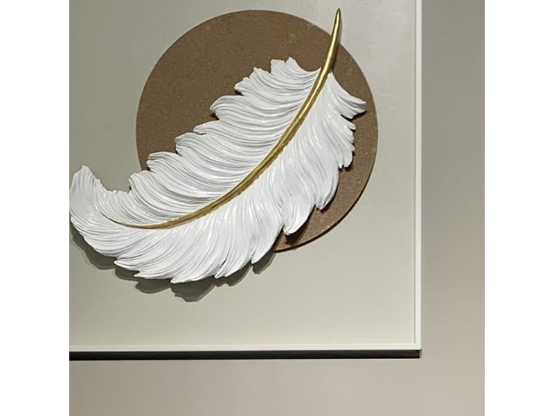 Tableau peinture à l'huile beige plume en relief cadre en aluminium - - Conforama C