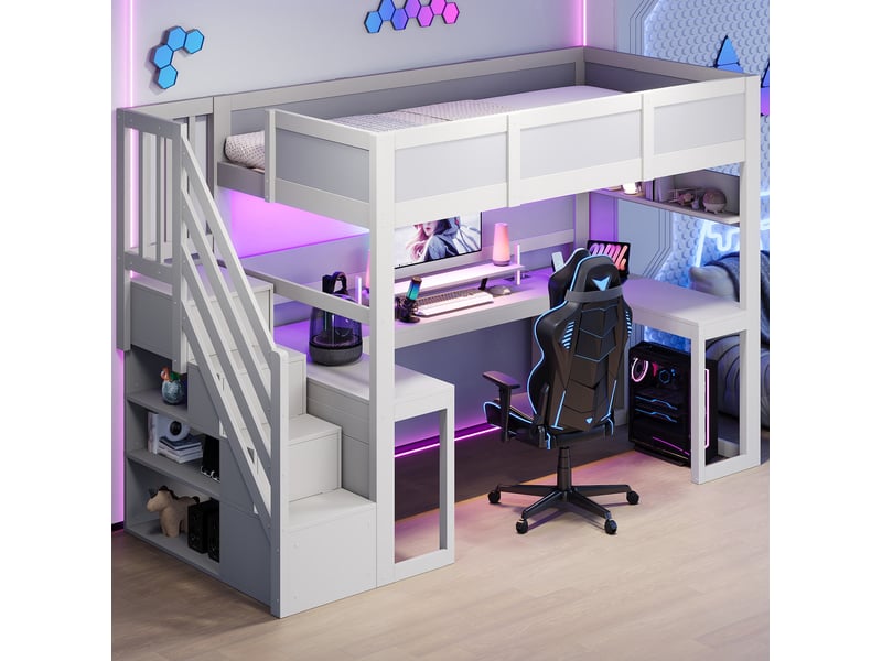  Lit mezzanine 90 × 200 cm 1 place avec bureau, rangement, led réglable et usb, sans matelas, en mdf blanc  - Conforama C