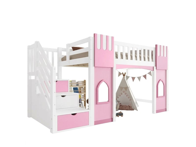  Lit mezzanine 90x200 avec escalier de rangement et fenêtres, lit enfant blanc et rose  - Conforama A