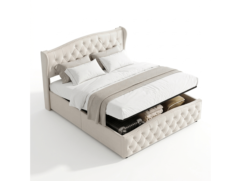 Lit rembourré 140x200 cm avec sommier à lattes relevable, lit coffre hydraulique 2 places avec espace de rangement sous le lit, tête et pied de lit capitonnés en tissu velours doux, cadre de lit double tapissé pour chambre à cou… - Conforama A