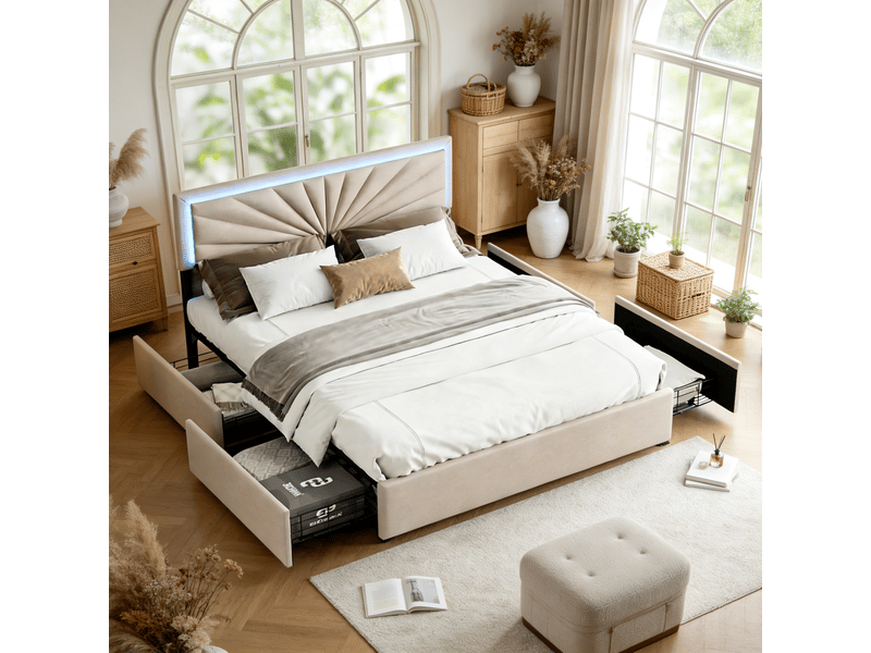  Cadre de lit adulte 160x200 cm avec tête de lit led réglable et 4 tiroirs - sommier à lattes, lin beige, structure renforcée 300 kg  - Conforama B