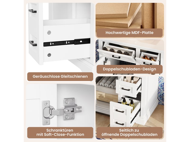  Meuble vasque blanc laqué mdf et céramique 76×47×82 cm, 2 abattants, 2 coulissants latéraux et porte avec étagères  - Conforama D