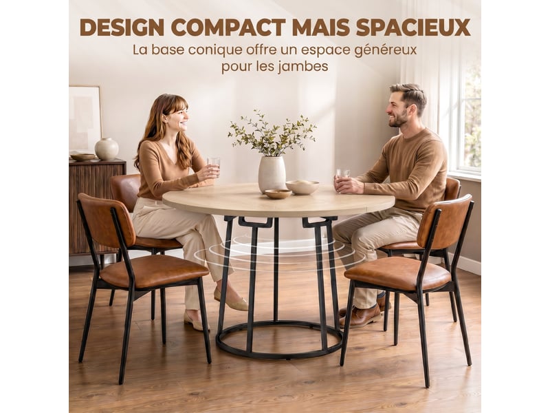 Table à manger ronde pour 4 à 6 personnes, ø 120 x 75 cm, table de cuisine avec piétement conique en métal, bois naturel - Conforama E