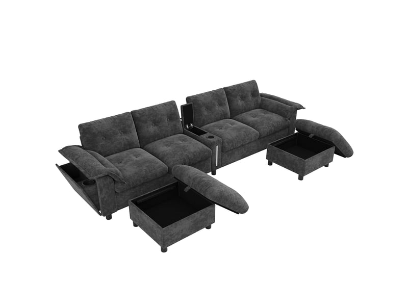  Canapé d'angle modulable 6 places 312 cm en chenille gris, 2 poufs coffres, console led et usb-c Fay Lum - Conforama D