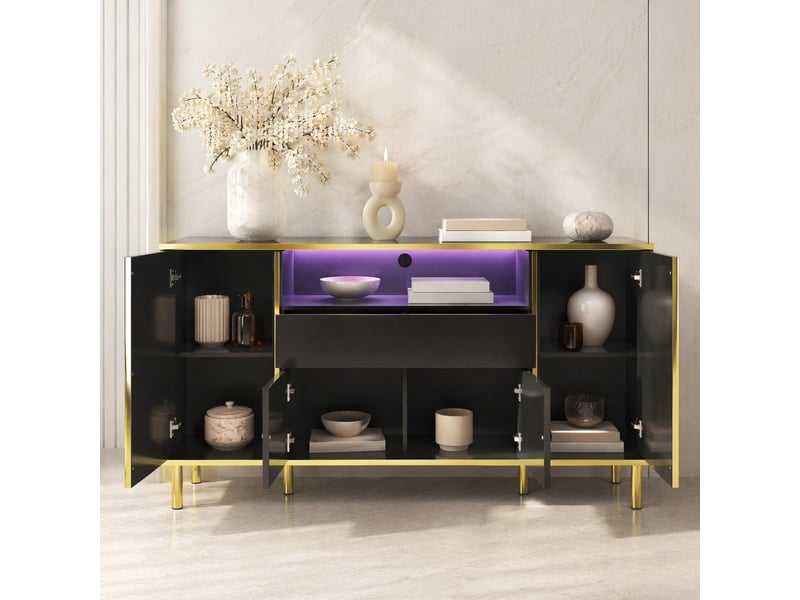 Buffet bas noir brillant avec led, 4 portes et 1 tiroir - 150 x 40 x 80 cm - Conforama D