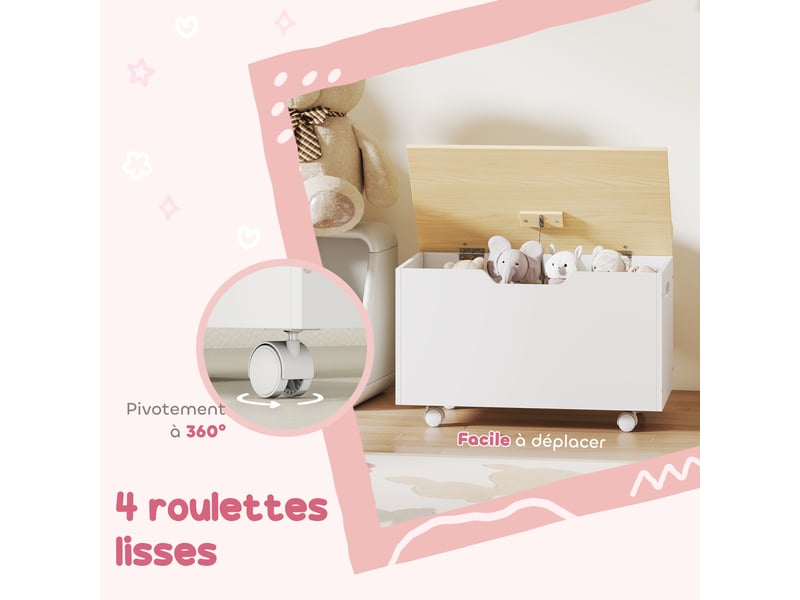  Coffre à jouet enfant sur roulettes, coffre de rangement enfant avec couvercle rabattable, blanc, 59 x 30 x 53 cm  - Conforama E