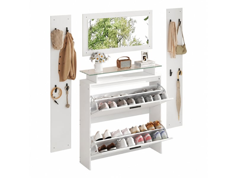 Ensemble meuble d’entrée 4 pièces avec miroir, 8 patères et 2 abattants, blanc  - Conforama A