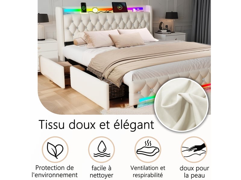  Lit 2 places 140x200 cm beige avec bluetooth, 4 tiroirs, led, ports usb+type-c sans matelas EBD852F-BG - Conforama E