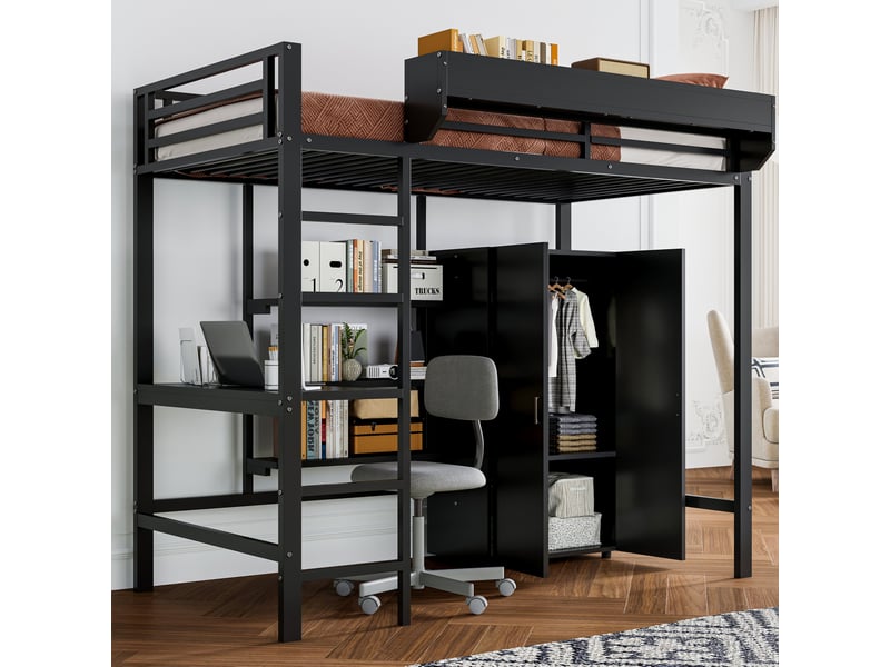  Lit superposé 90x200 cm en métal noir avec bureau, armoire et rangements  - Conforama D