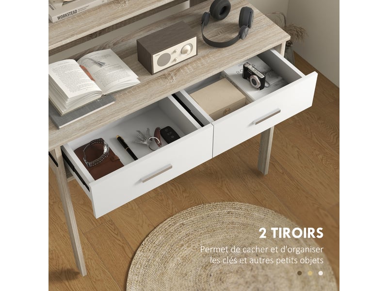  Table console avec plateau coulissant et 2 tiroirs, 95l x 35p x 87h cm, table de couloir avec rangement, aspect chêne  - Conforama E