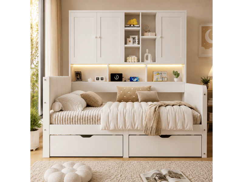  Lit enfant 90 × 200 cm avec rangements, led, usb-c et tiroirs, blanc Fay Lum - Conforama D