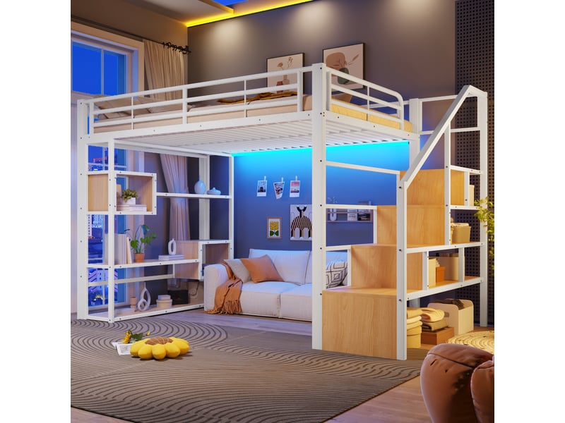 Lit mezzanine 140x200 cm, lit enfant, rangement, échelle sécurisée, barrière antichute, led, bois et métal blanc - Conforama A