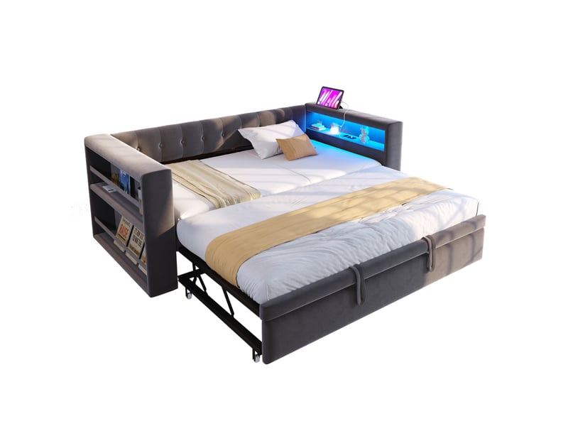  Lit gigogne 90-180x190 cm, lit 2 en 1, led, charge, tête de lit, sommier, flanelle et mdf, gris foncé, sans matelas  - Conforama A