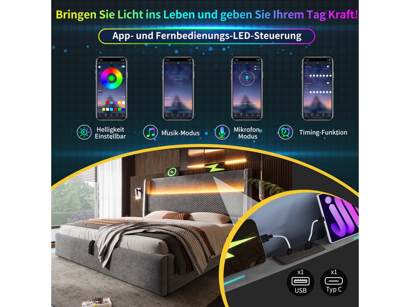  Lit coffre, lit double 180x200 cm, rangement hydraulique, led, usbusb-c, matelas inclus, lin gris  - Conforama E