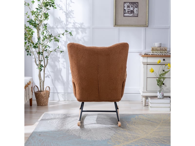  Fauteuil à bascule en tissu bouclette, chaise d'allaitement marron avec poche latérale, base en bois massif, 65x77x90 cm  - Conforama E