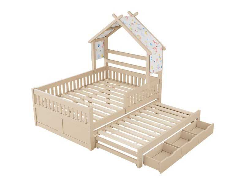 Lit cabane 140x200 cm, lit gigogne, lit enfant, lit 2 place, 3 tiroirs, barrières, bois+mdf, couleur crème sans matelas  - Conforama E