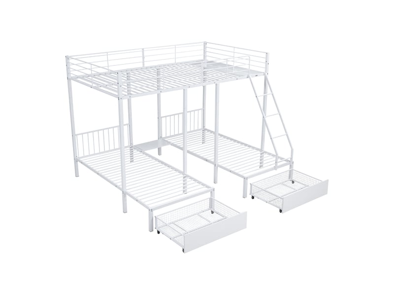  Lit superposé triple convertible, métal blanc, 140x200 + 2 lits 90x200, avec tiroirs  - Conforama E