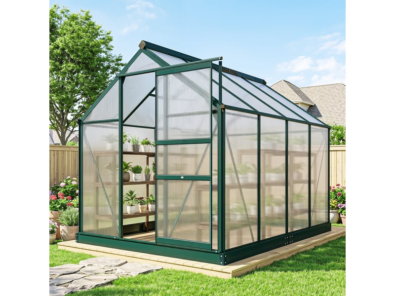  Serre de jardin en polycarbonate résistant aux uv avec fenêtre et porte coulissante, 190 x 252 x 201 cm  - Conforama C